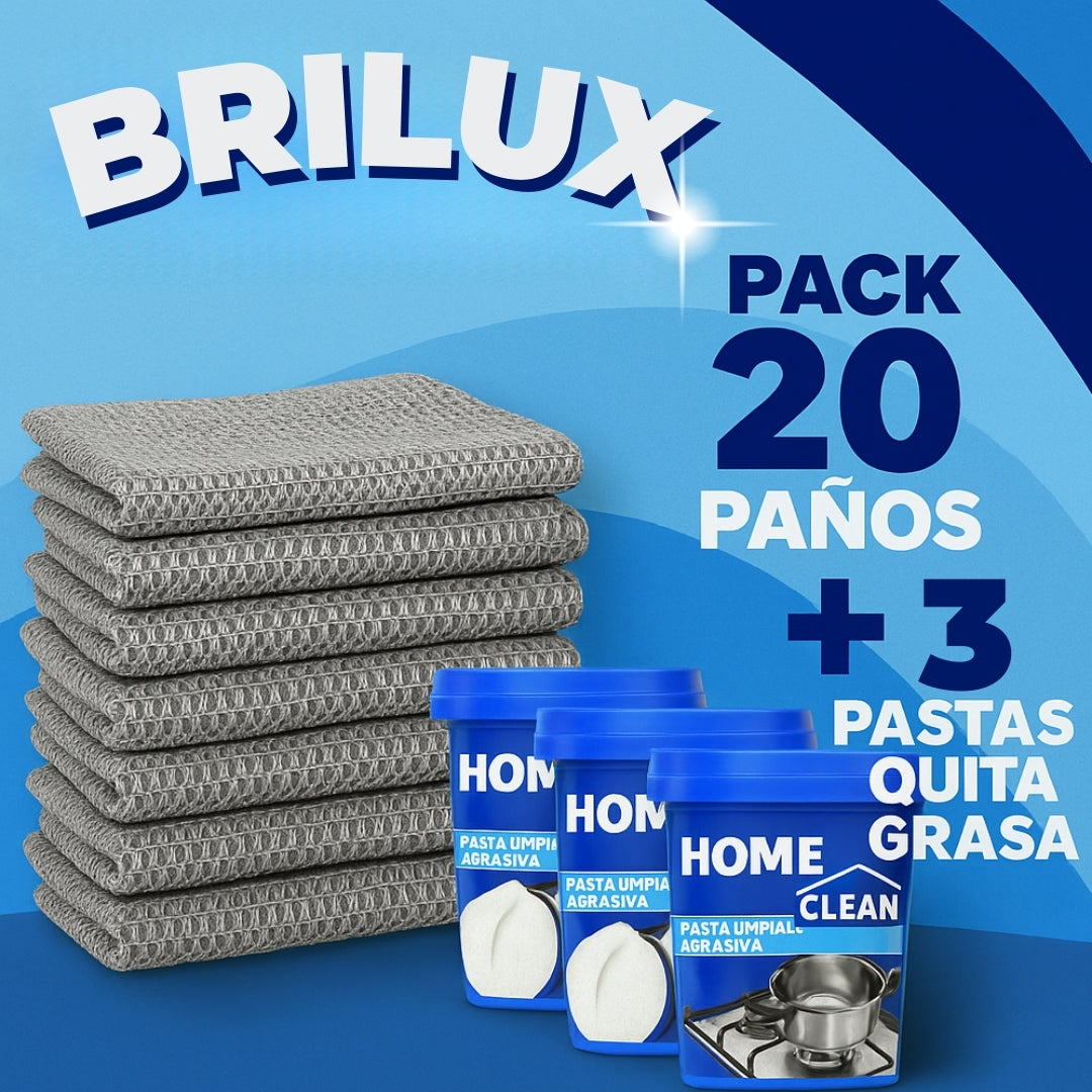 PACK 20 PAÑOS DE LIMPIEZA Y 3 PASTAS DESENGRASANTES - BRILUX™