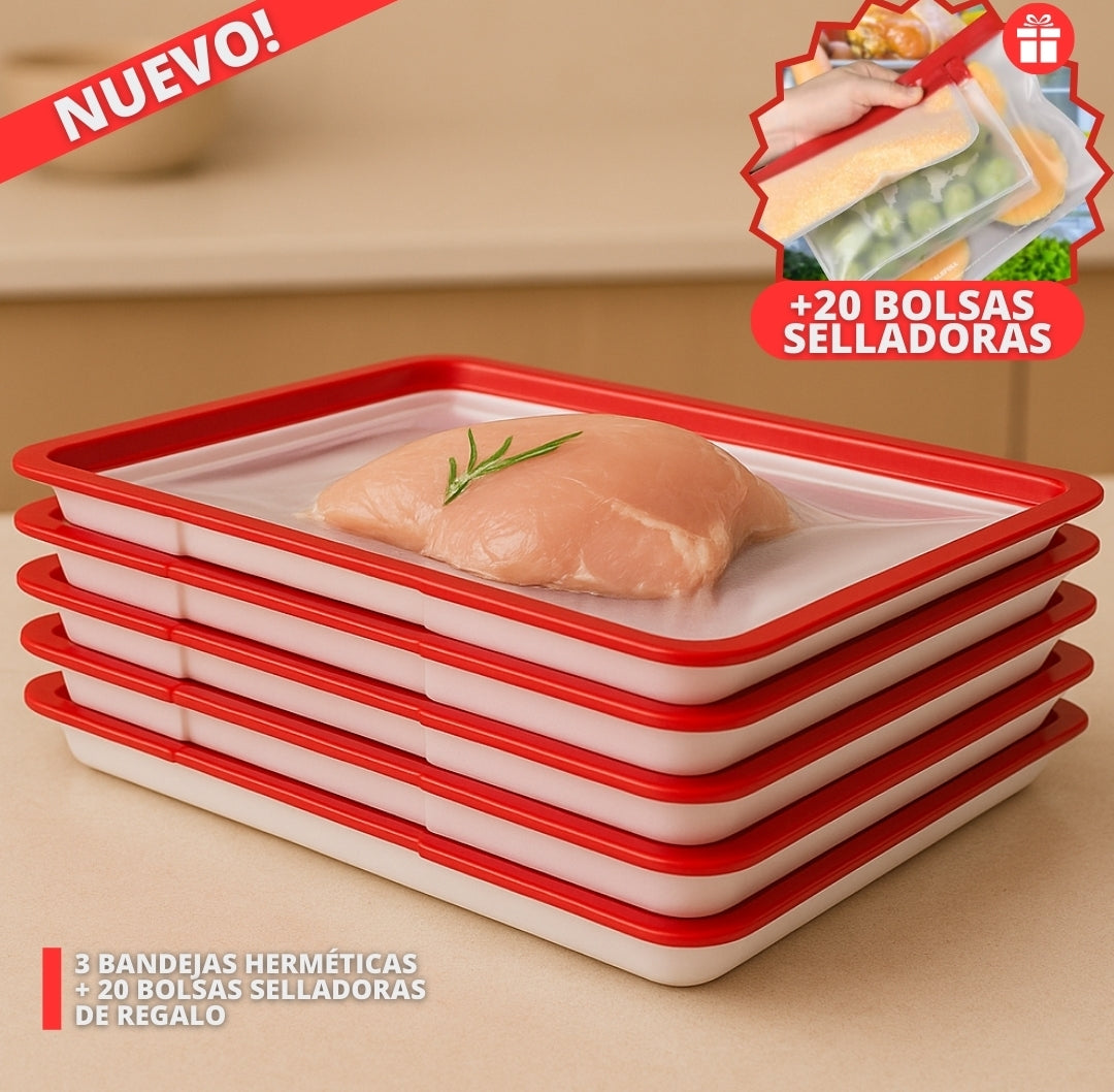 3 BANDEJAS HERMÉTICAS + 20 BOLSAS SELLADORAS | FRESHY™